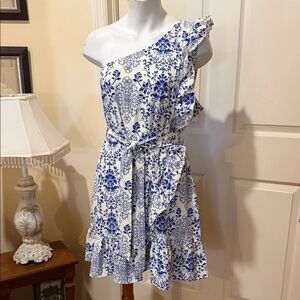 SHEIN Blue and White One-Shoulder Ruffle Dress. NWOT XXL